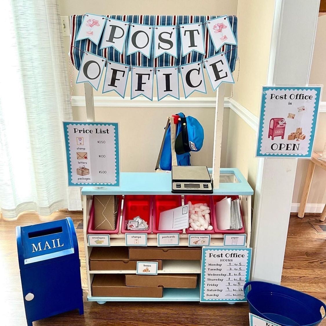 A pretend play post office set up.