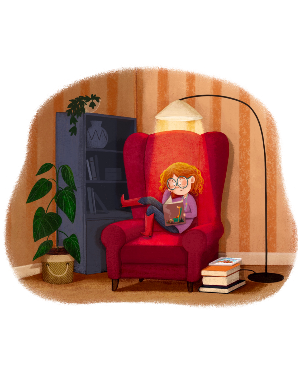 Illustration of a child reading in a large red chair.